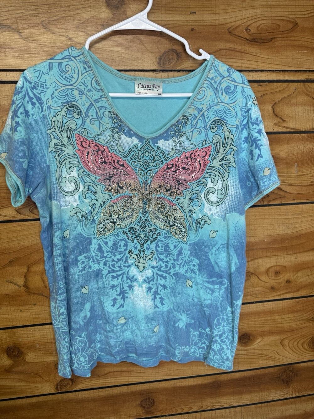 Cactus Bay Blue Rhinestone T-Shirt Vintage Y2K Butterfly Pattern, XL 100% Cotton